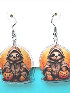 Hand Crafted Sloth Pumpkin Dangle Earrings - Orange & Brown